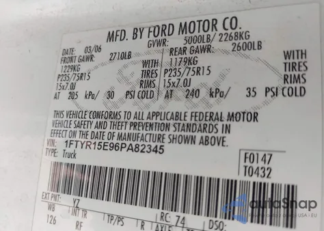 2006 Ford Ranger Fx4 Off-Road/Sport/Xl/Xlt z USA, uszkodzony, nr VIN 1FTYR15E96PA82345